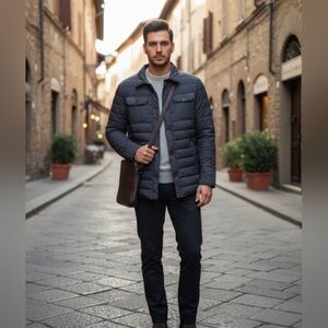 Gimo’s Italia “20AI.U.210” Quilted Puffer Shirt Jacket Size Large In Dark Blue